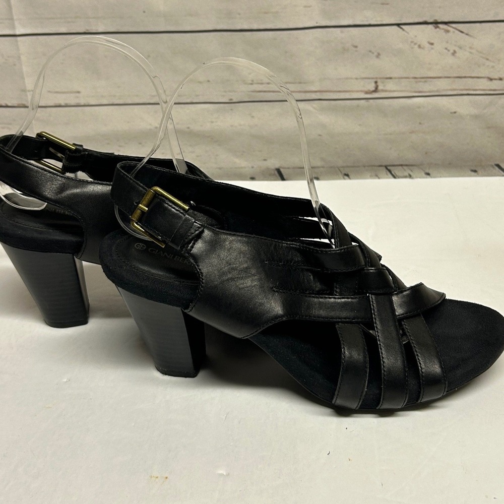 Giani Bernini Block Heel Sandals Women 9M Black Leather Strappy Slingback‎